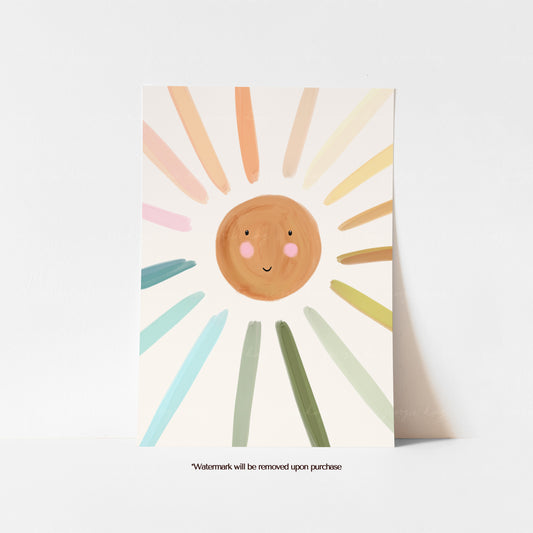 Rainbow sun kids art print with a smiling golden sun and pastel multicoloured rays on a cream background
