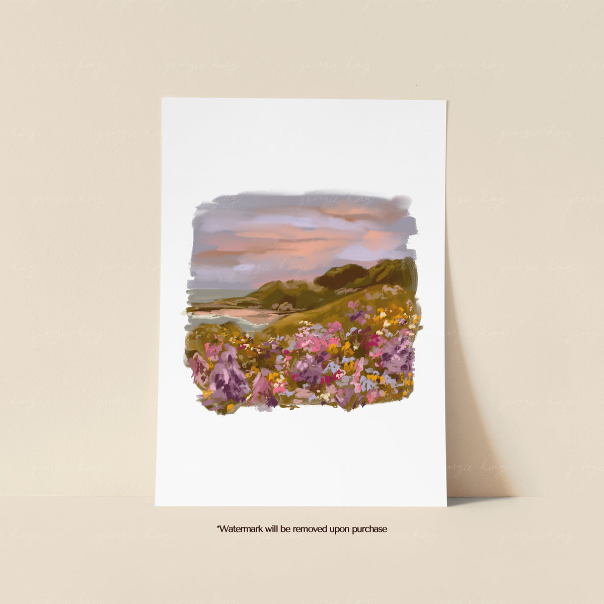 Sunset beach print featuring a colourful coastal landscape with pink, purple and orange wildflowers beneath a soft evening sky
