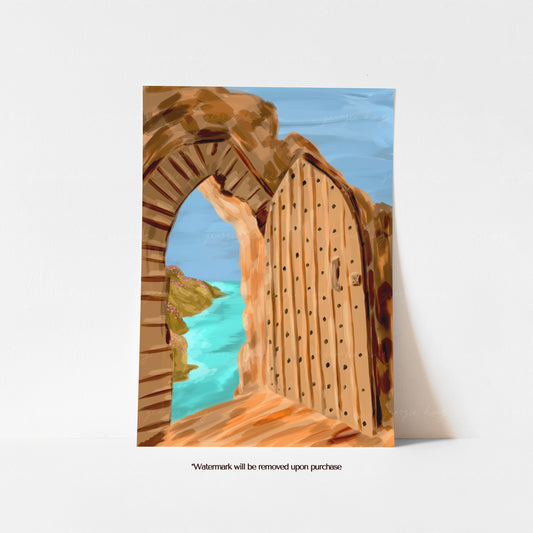 Tintagel Castle Cornwall print showing an ancient stone doorway with a view of the turquoise sea
