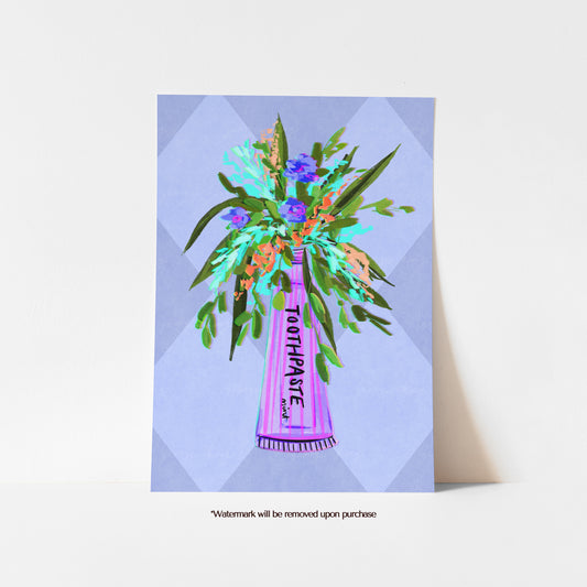 Colourful bathroom art print featuring a pink toothpaste tube used as a vase for bright painted flowers