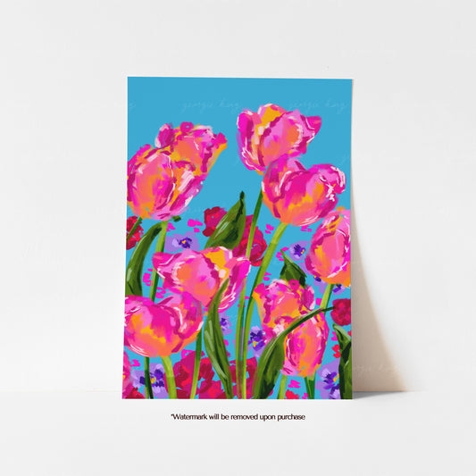 Bright pink and orange tulip print with green stems against a bold turquoise blue background
