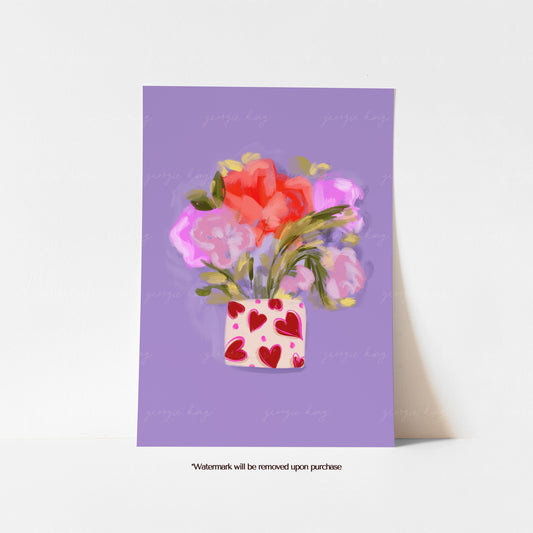 Colourful flower print with pink, coral and purple blooms in a white heart vase against a lilac background
