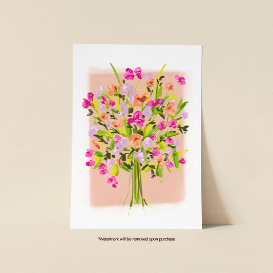 Delicate pink wildflower bouquet print with airy stems and small blossoms on a soft peach background
