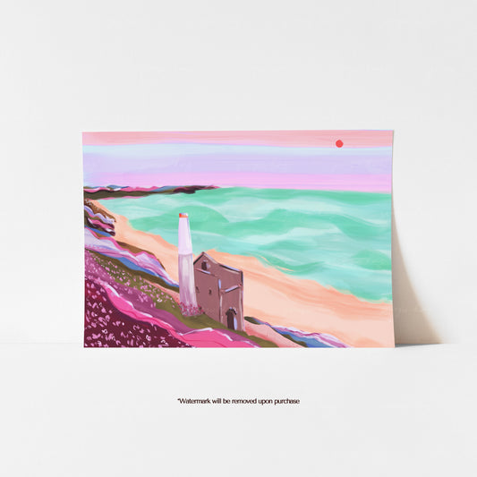 Colourful Wheal Coates Cornwall print with the tin mine engine house above a pink beach and turquoise sea
