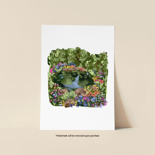 Wildflower pond art print featuring blue water surrounded by dense green foliage and colourful painterly flowers
