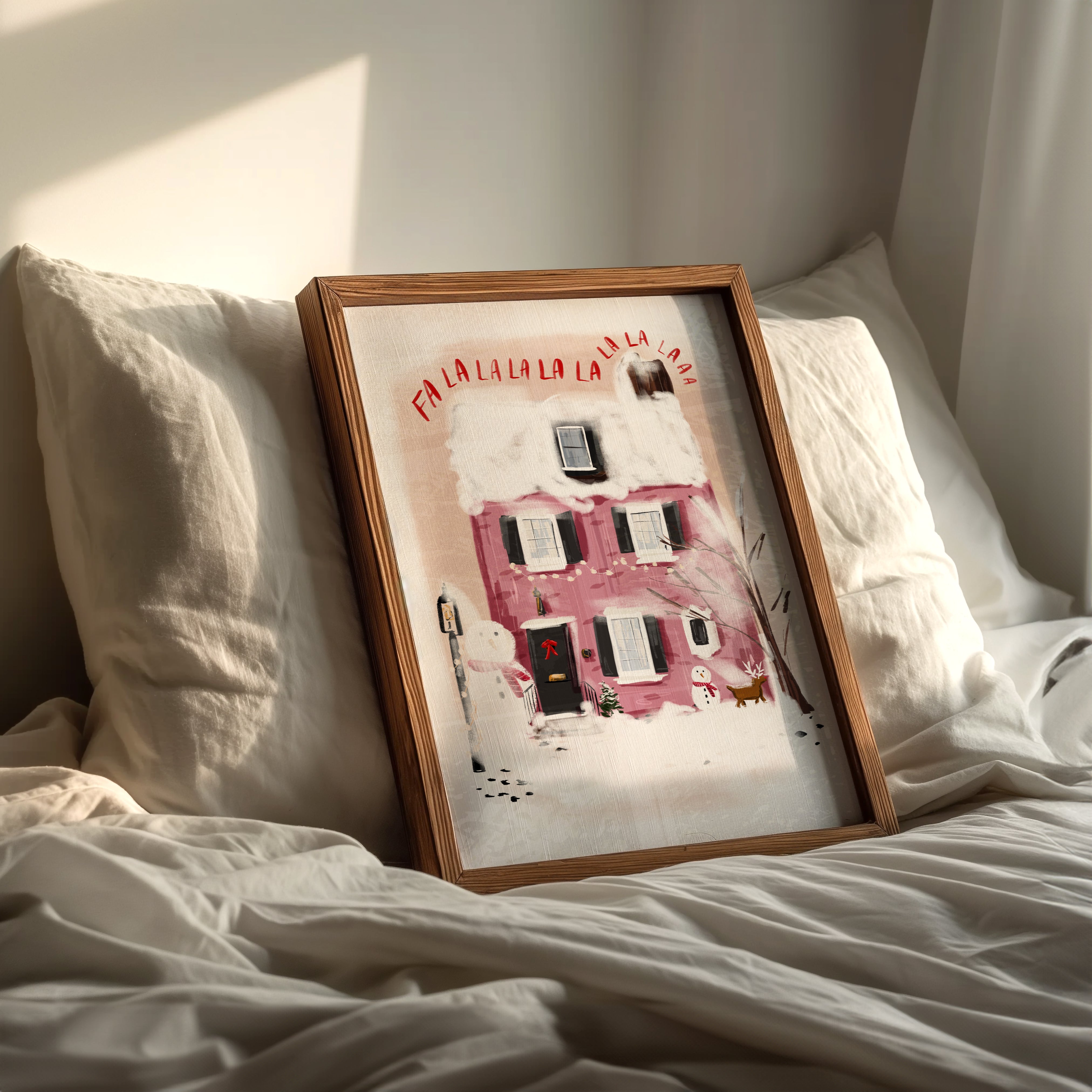 Winter bedroom art print featuring a snowy cottage, snowman and reindeer, with the song lyrics 'Falalalalalalalala' in red.